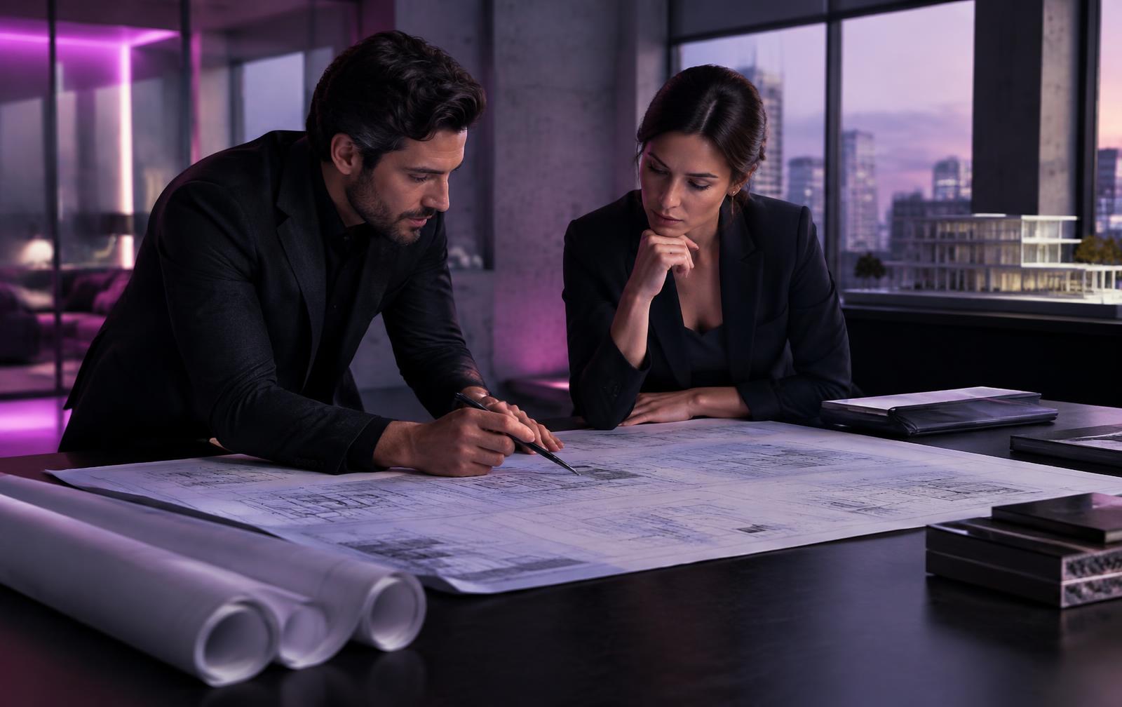 Profesionales analizando planos y estrategia