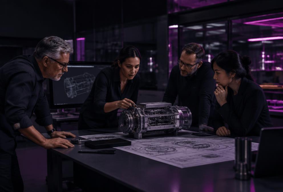 Equipo de ingeniería analizando un prototipo técnico